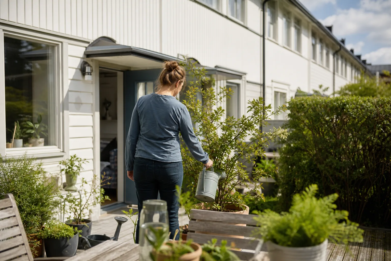 Person vattnar en krukväxt på uteplatsen till ett svenskt radhus
