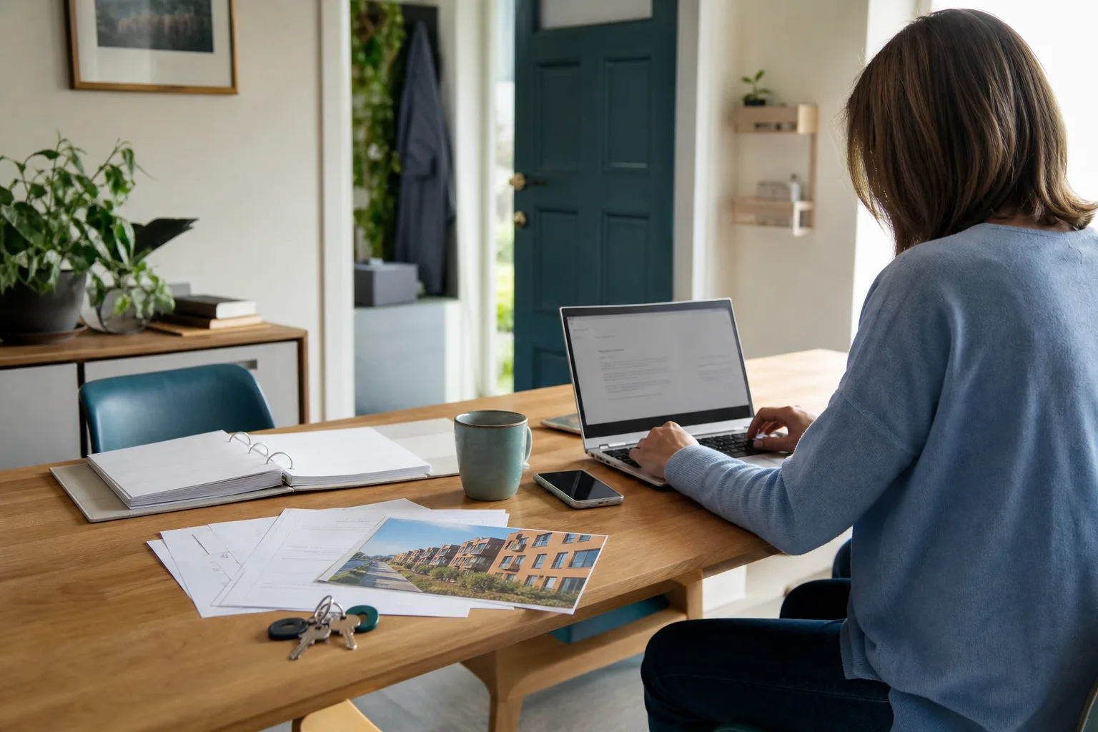 Hemmakontor med laptop, pärm och en bostadsannons på ett ekbord