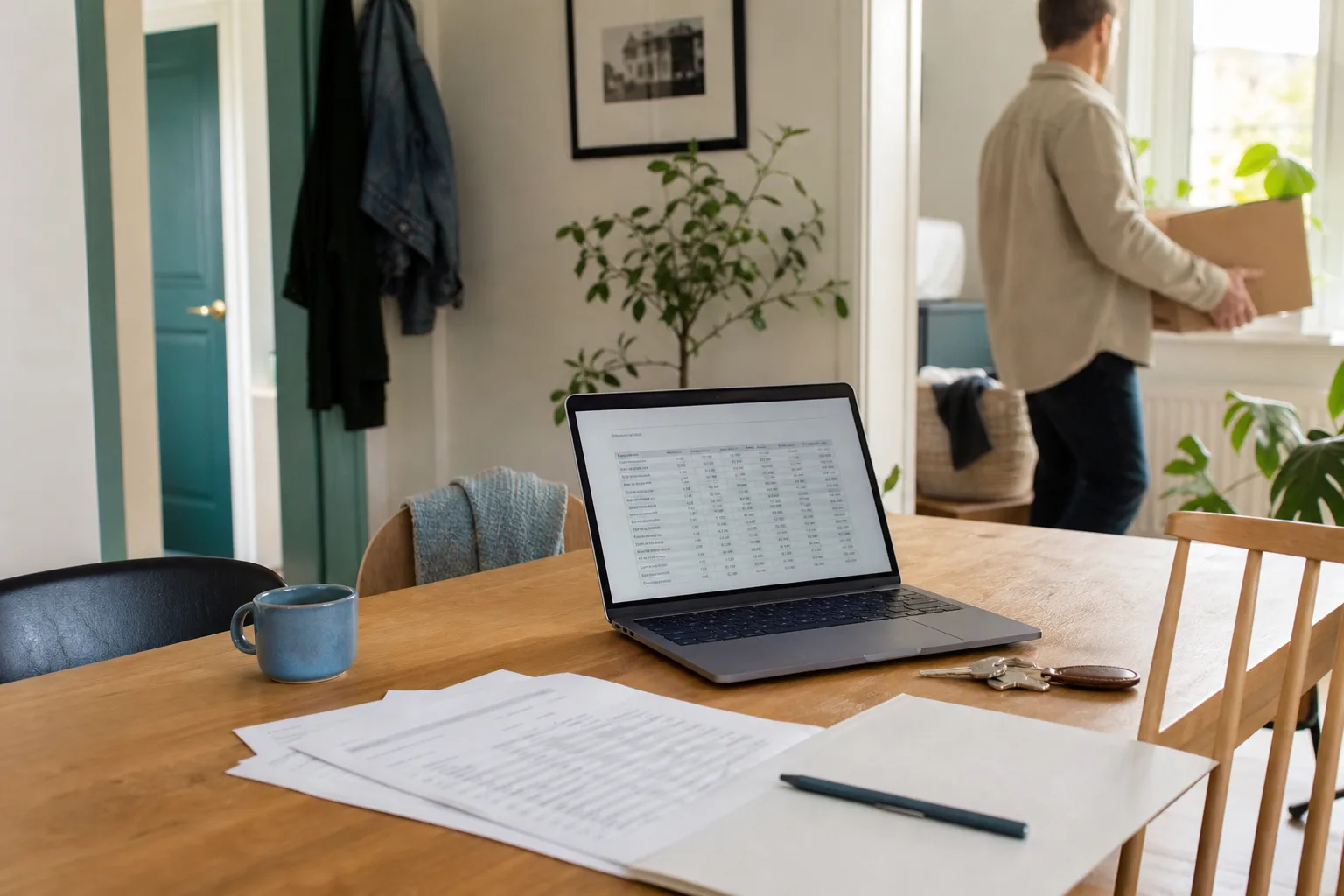 Två utskrivna räntetabeller ligger bredvid en laptop på ett ekbord.