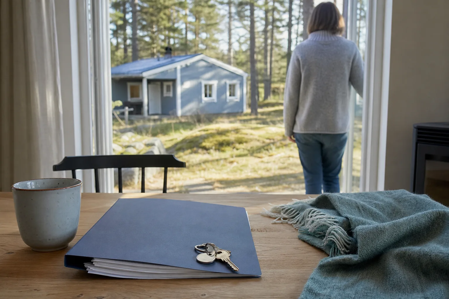 Ett rödmålat fritidshus i skogsbryn med en mapp och en nyckelknippa på ett träbord i förgrunden