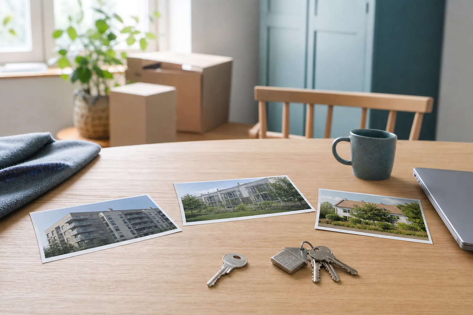 Tre små bostadsbilder, en lägenhetsnyckel och ett husnyckelknippe på ett ekbord