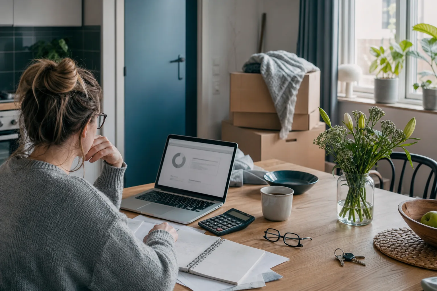 Matlista, glasögon och en neutral hushållsbudget på en laptop vid ett köksbord