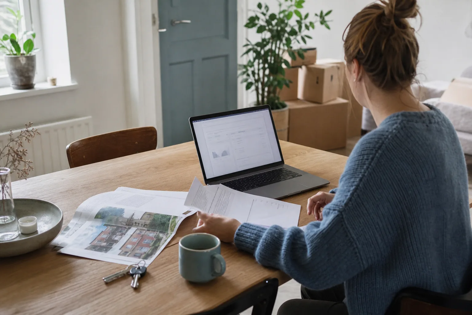 Lönebesked, bostadsannons och laptop på köksbord