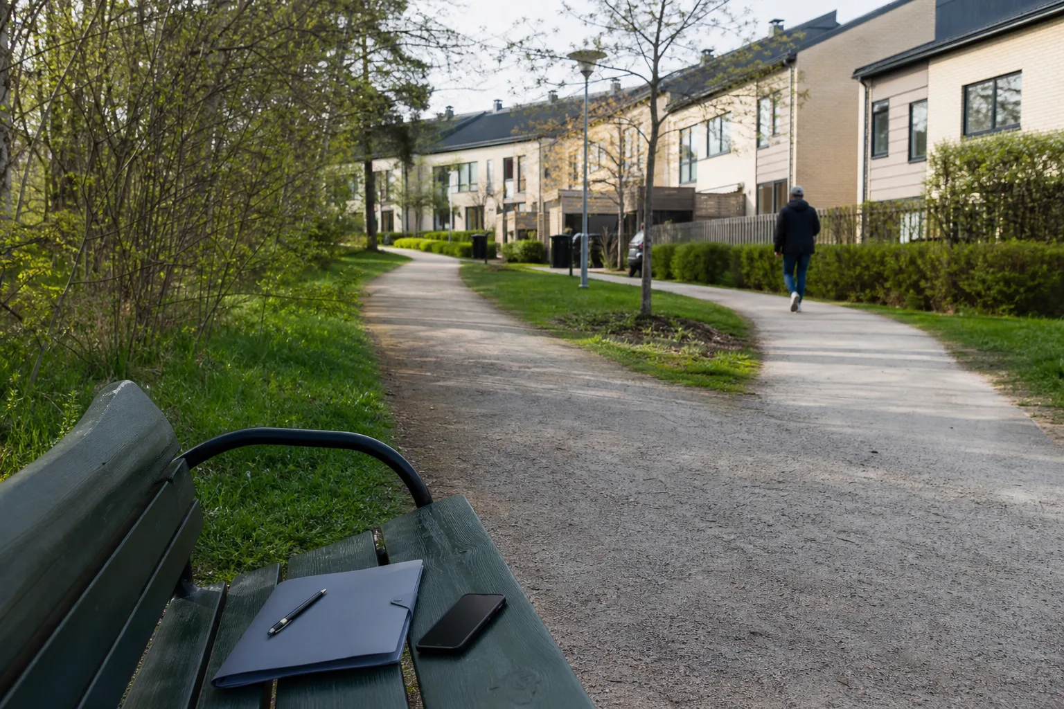 En vägdelare i ett lugnt bostadskvarter med en neutral dokumentmapp och en mobiltelefon på en bänk i förgrunden.
