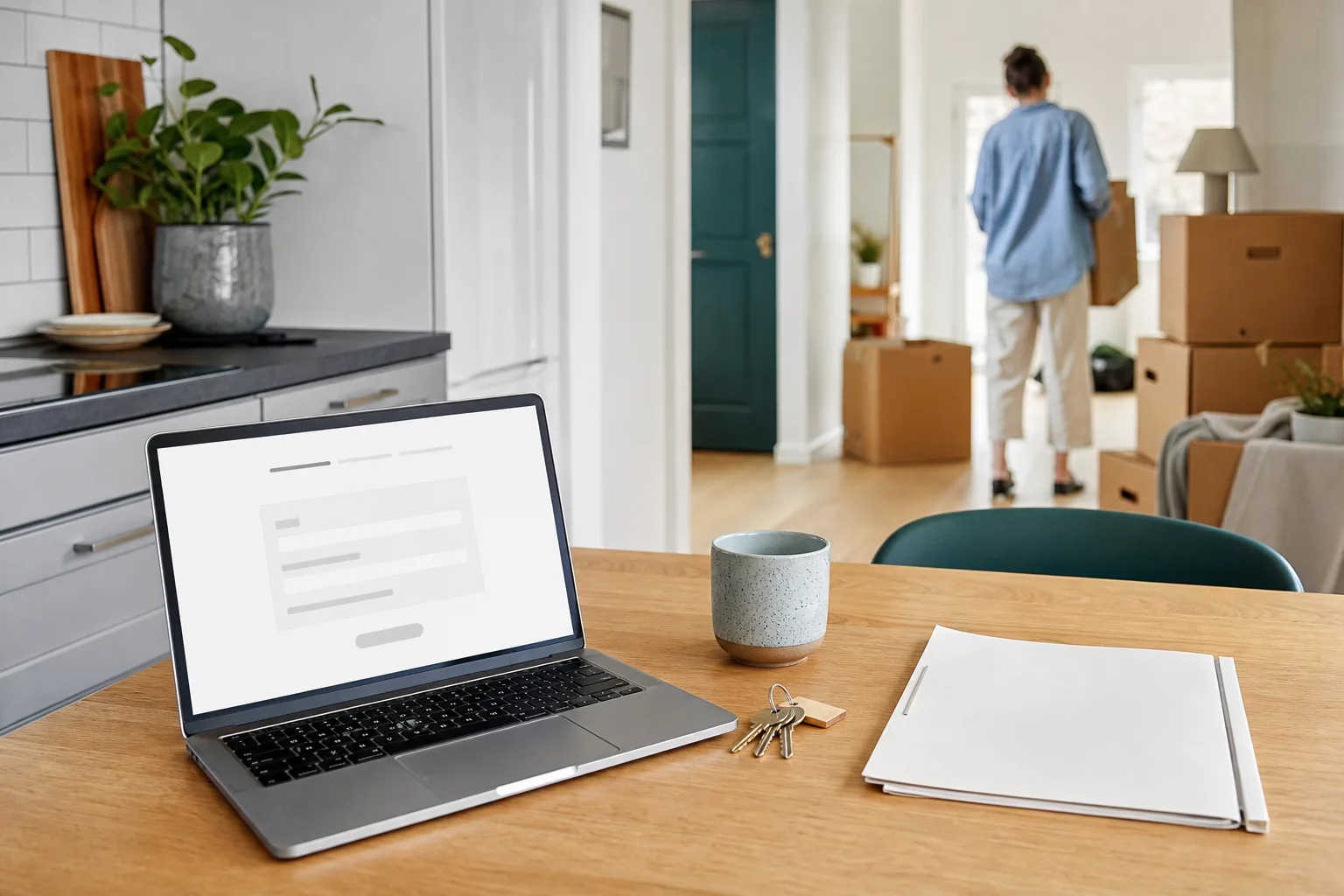 En laptop med en neutral ansökningssida står på ett köksbord intill husnycklar och en ljus dokumentmapp.
