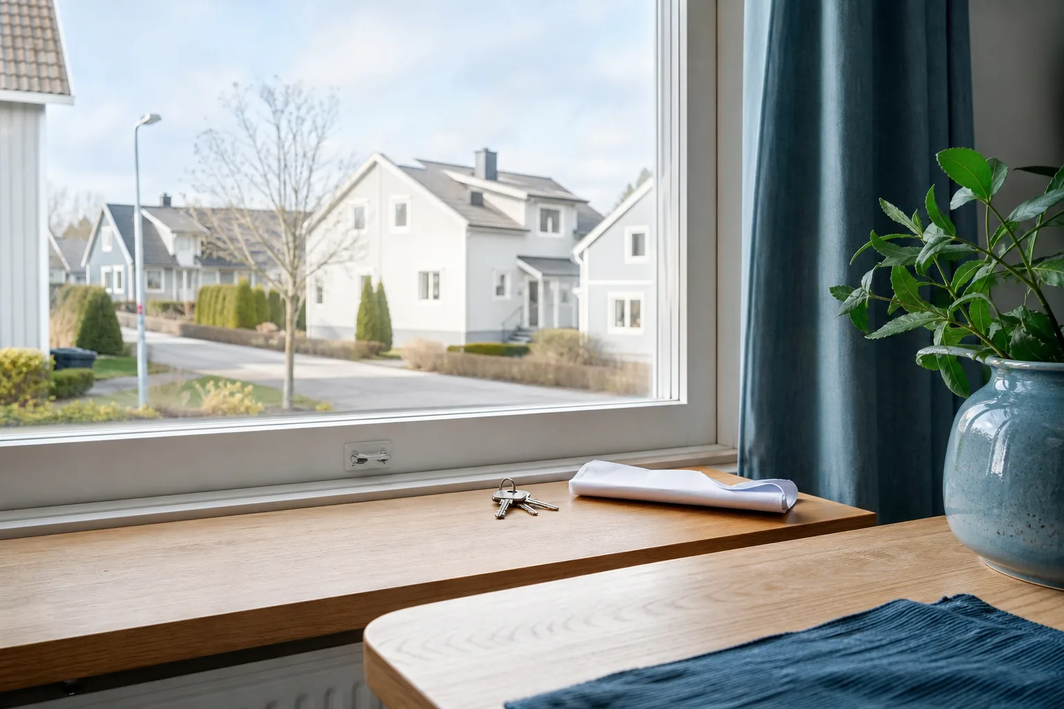 En villa syns genom fönstret medan nycklar och ett vikt dokument ligger på fönsterbrädan