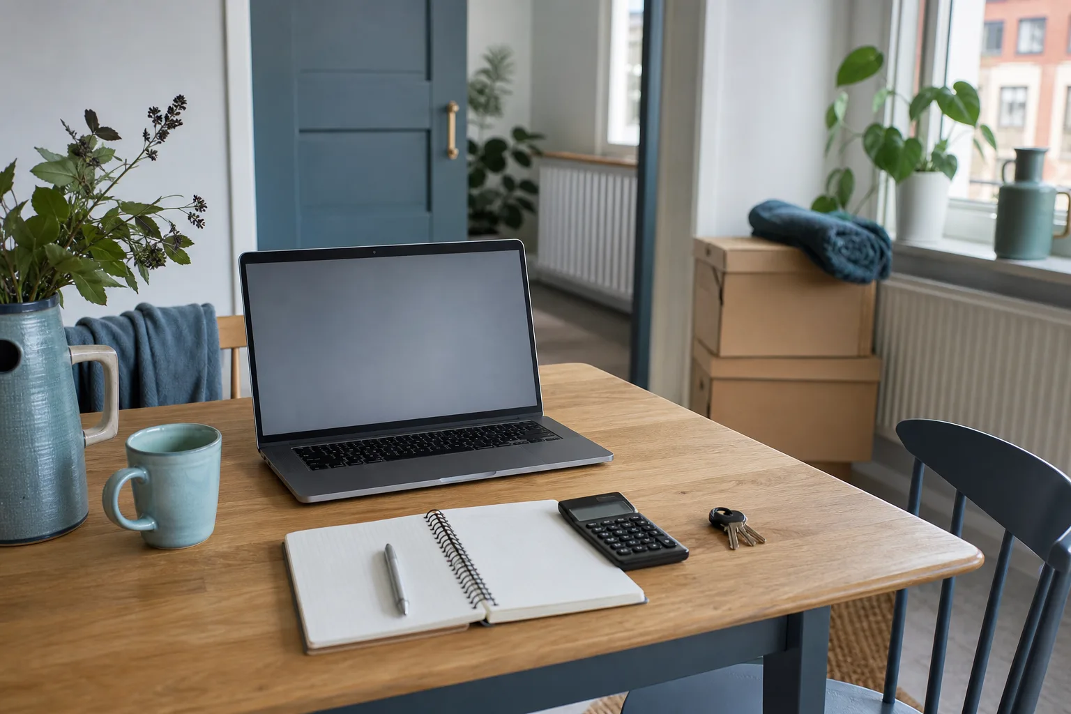 En enkel miniräknare bredvid en anteckningsbok med tomma beräkningsrader på en neutral laptopskärm