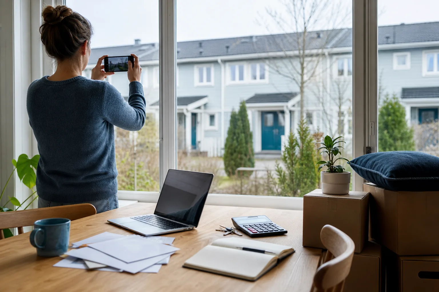 Person fotograferar fasaden på ett svenskt radhus med en mobiltelefon
