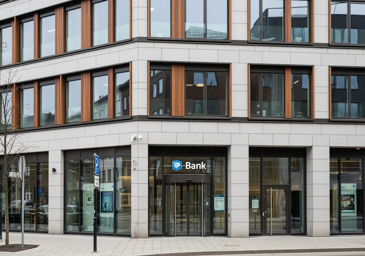 Fasader av bankkontor i stadsmiljö