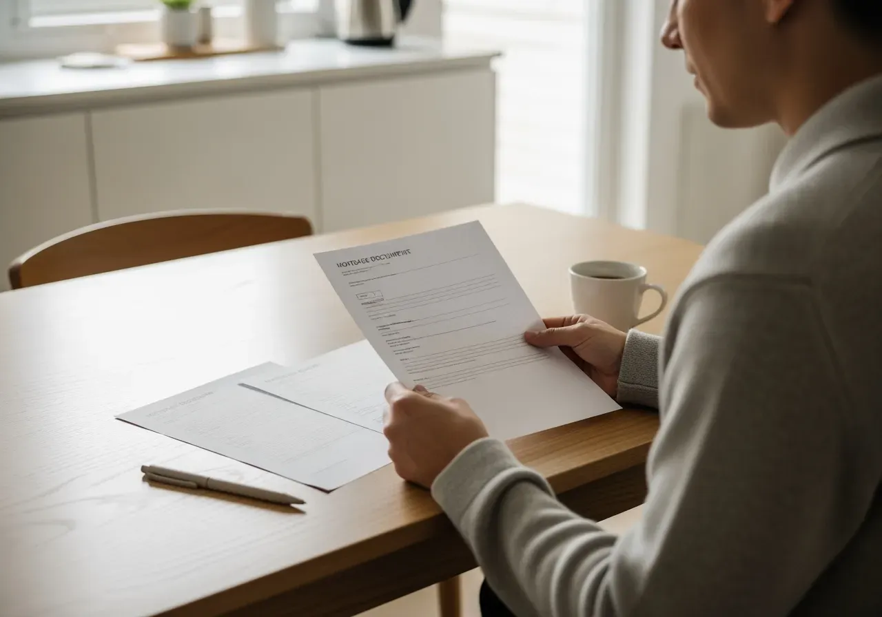 Person som tittar på bolånedokument vid köksbord