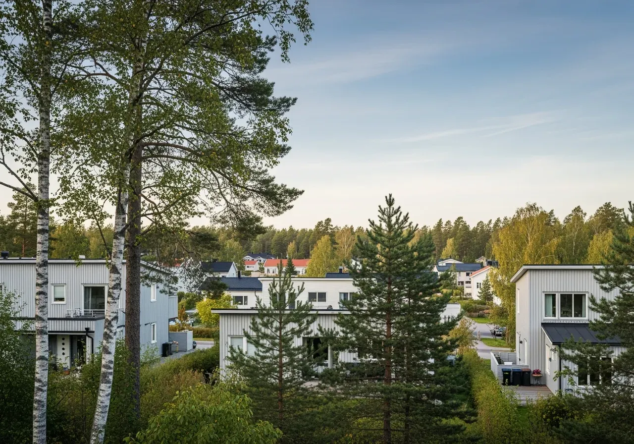 Vy över bostadsområde med hus och träd