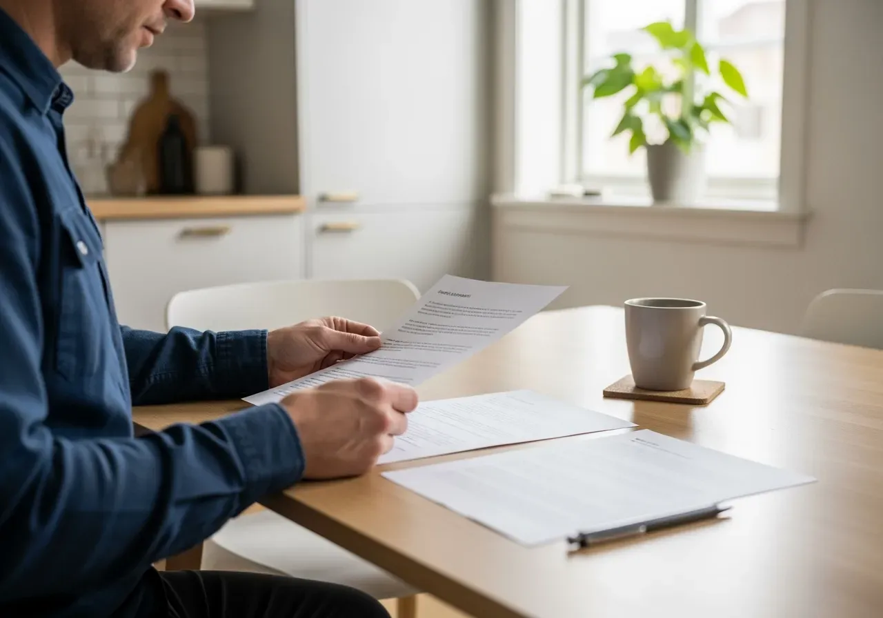 Person som läser lånedokument vid köksbordet