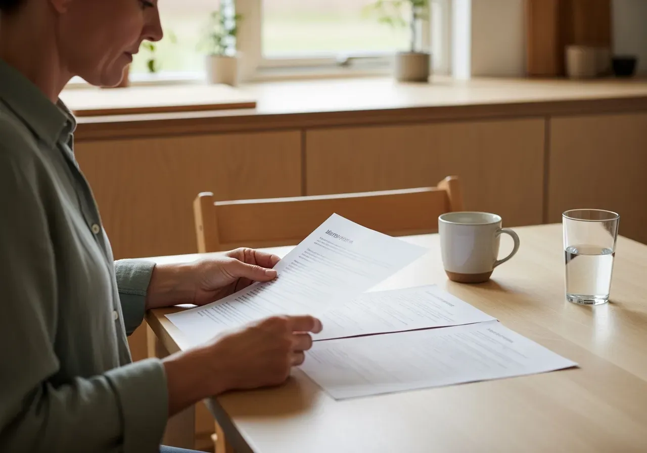 Person som läser bolånsdokument vid köksbord