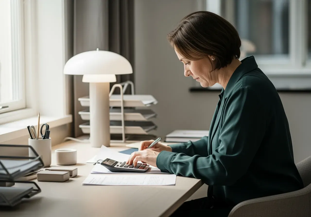 Person som räknar budget på skrivbord