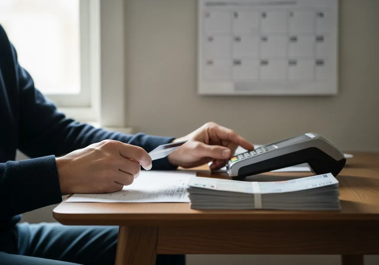 Person som betalar skuld med kalender i bakgrunden