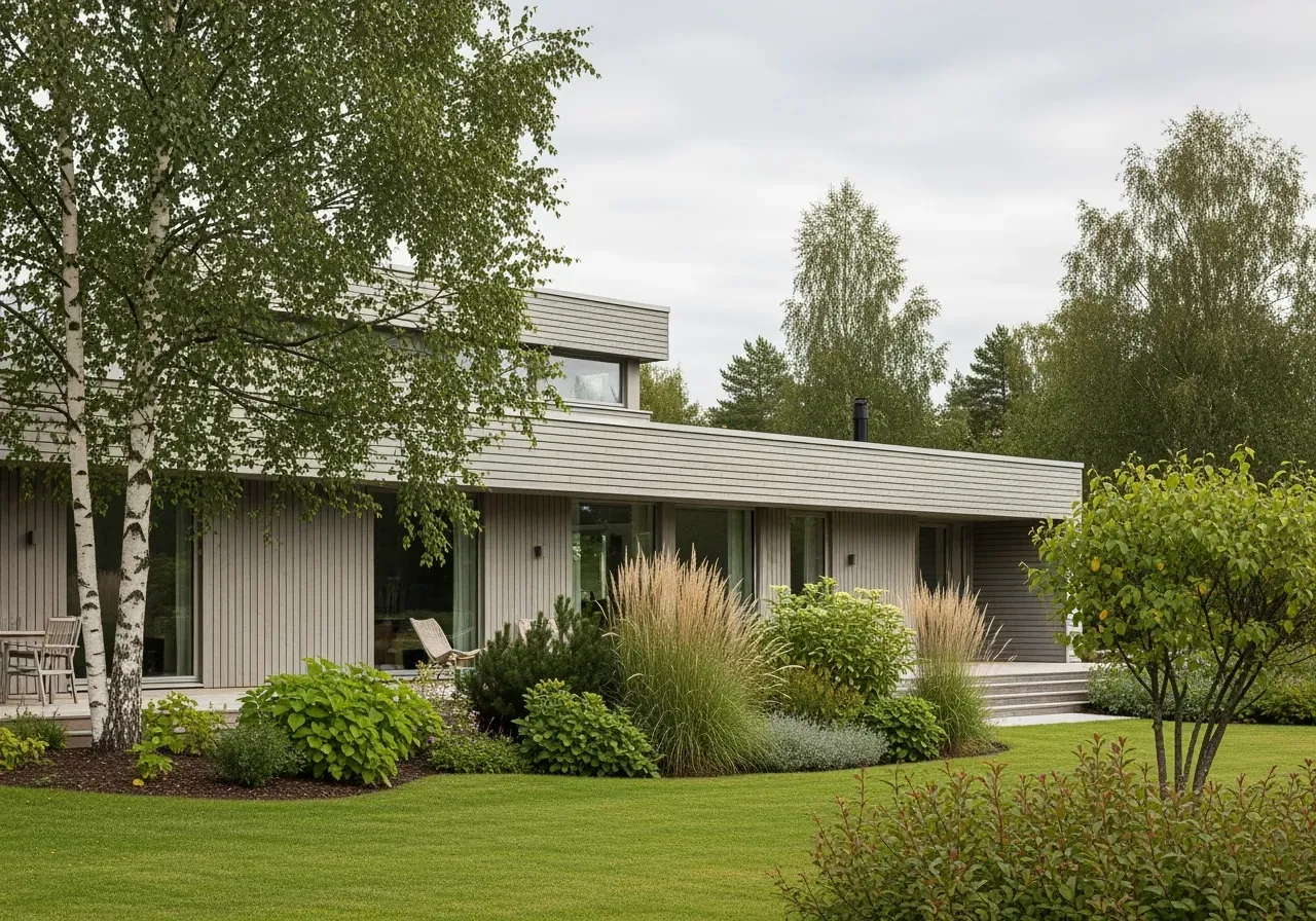 Exteriör av villa med trädgård