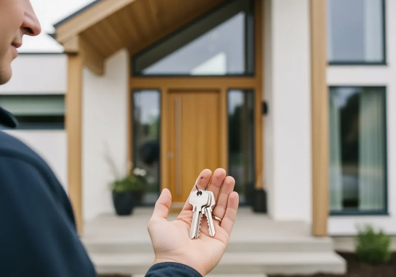 Person som håller i nycklar framför ett hus