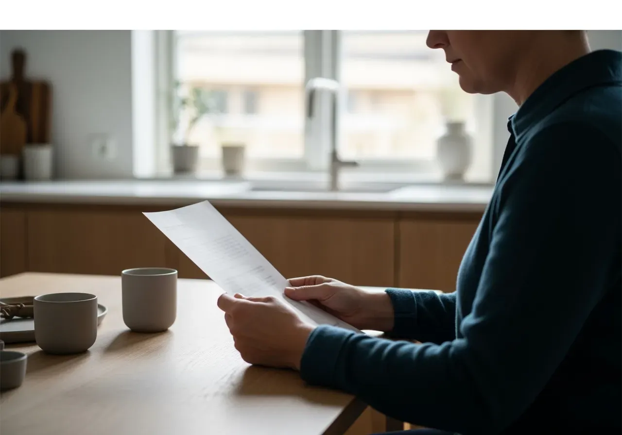 Person som håller papper vid köksbordet