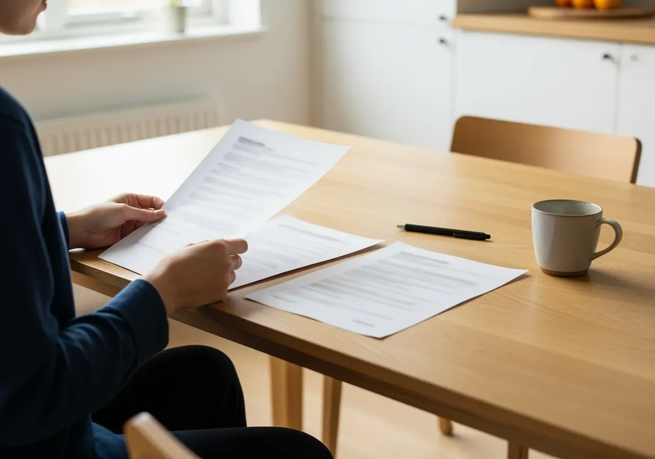 Person sitter och går igenom lånepapper vid köksbord
