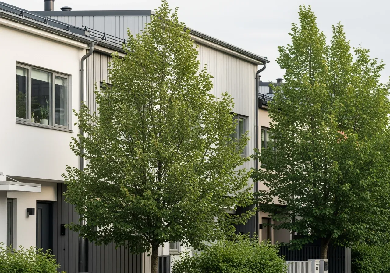 Närbild av husfasad med radhus och gröna träd