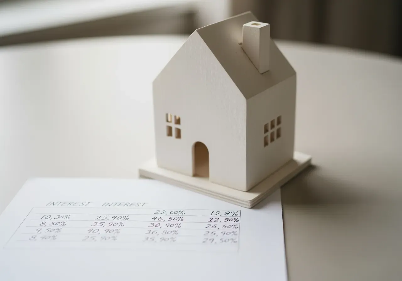 Närbild av hus och kalkylpapper med ränta skrivna siffror